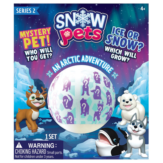 Snow Pets Series 2 Arctic Adventure packaging design featuring cartoon arctic animal characters and a mystery pet ball.