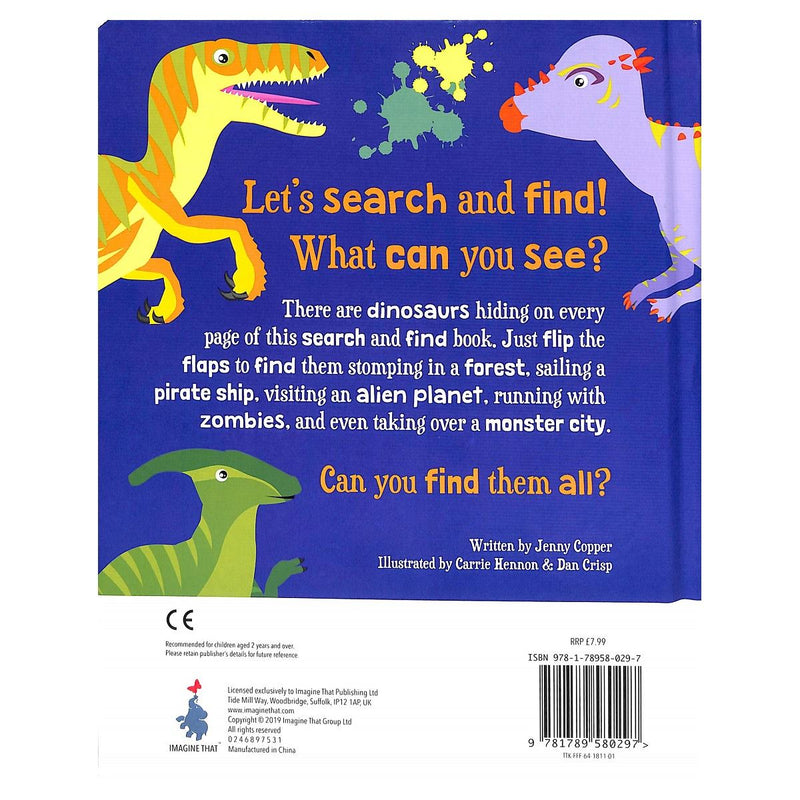 Load image into Gallery viewer, Back cover of Too Many Dinosaurs, Pirates &amp; Monsters showing dinosaur illustrations and search and find book description
