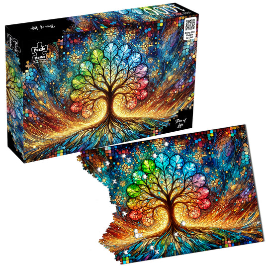 Puzzle Master Tree of Life 1000-piece jigsaw puzzle box and assembled puzzle featuring a colourful stained glass style tree artwork.