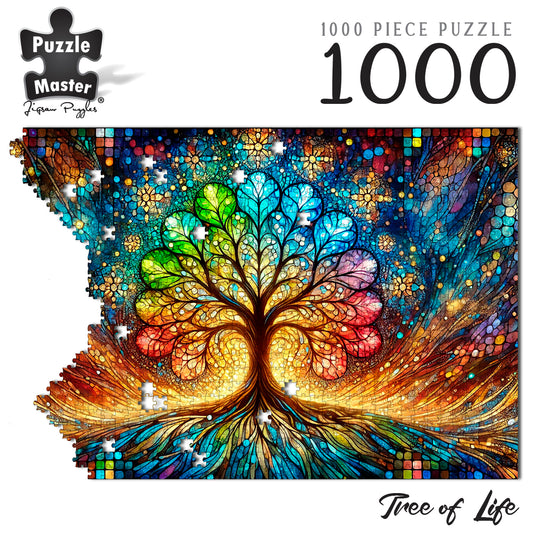 Puzzle Master Tree of Life 1000 piece jigsaw puzzle showcasing a colourful stained-glass tree with mosaic patterns.