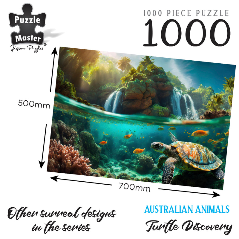 Load image into Gallery viewer, Infographic showing the 1000-piece Puzzle Master Turtle Discovery jigsaw puzzle artwork with dimensions of 500mm by 700mm.
