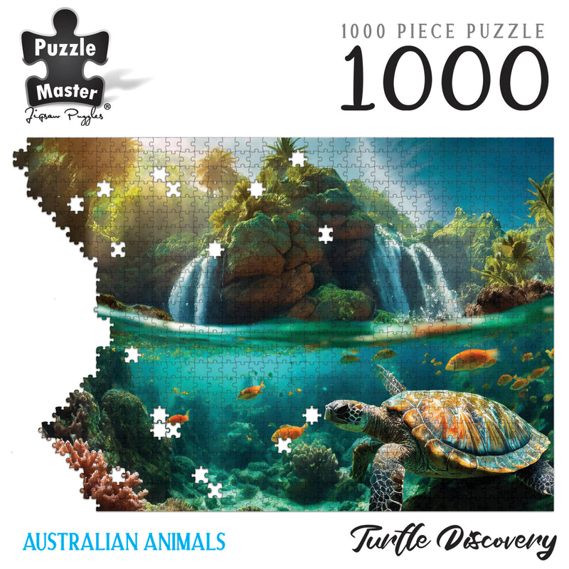 Load image into Gallery viewer, Puzzle Master 1000 Piece Jigsaw Puzzle graphic of Turtle Discovery featuring an over-underwater scene with a sea turtle, reef fish, and waterfalls.
