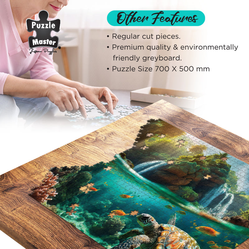 Load image into Gallery viewer, Puzzle Master jigsaw puzzle featuring a sea turtle being assembled on a wooden table, detailing features like regular cut pieces and greyboard material.
