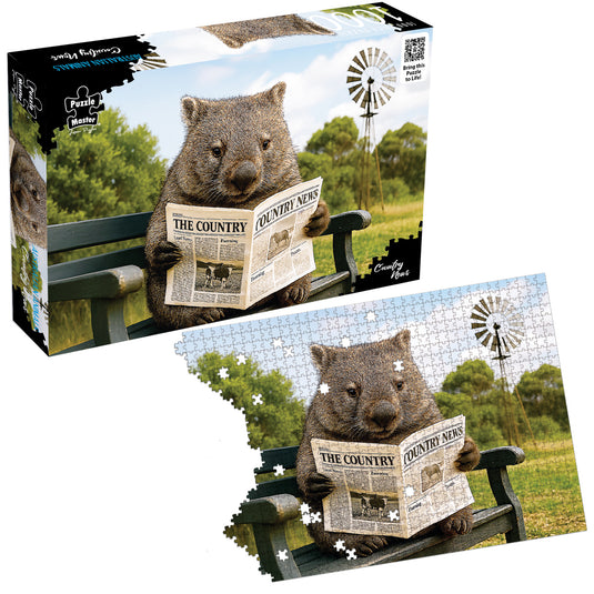 Puzzle Master 1000-piece jigsaw puzzle box and partially assembled puzzle featuring a wombat reading a newspaper on a bench.