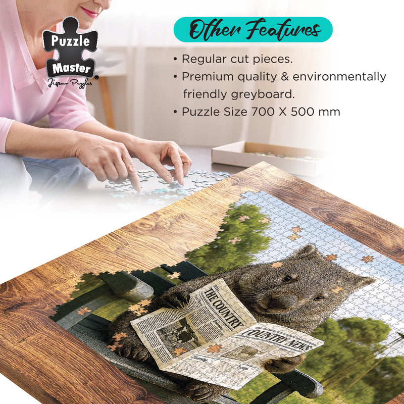 Load image into Gallery viewer, Graphic of a Puzzle Master jigsaw puzzle featuring a wombat reading a newspaper, with key product specifications listed above.
