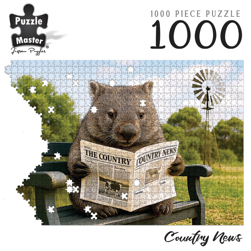 Load image into Gallery viewer, Puzzle Master Country News 1000 piece jigsaw puzzle artwork featuring a wombat reading a newspaper on a park bench
