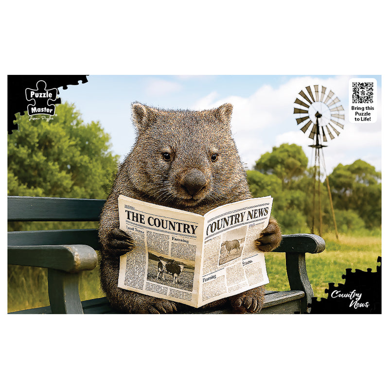 Load image into Gallery viewer, Puzzle Master puzzle artwork featuring a wombat seated on a bench reading a newspaper in an Australian rural landscape.
