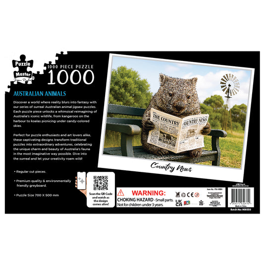 Back of the Puzzle Master 1000 piece Australian Animals jigsaw puzzle box featuring a wombat reading a newspaper on a park bench.